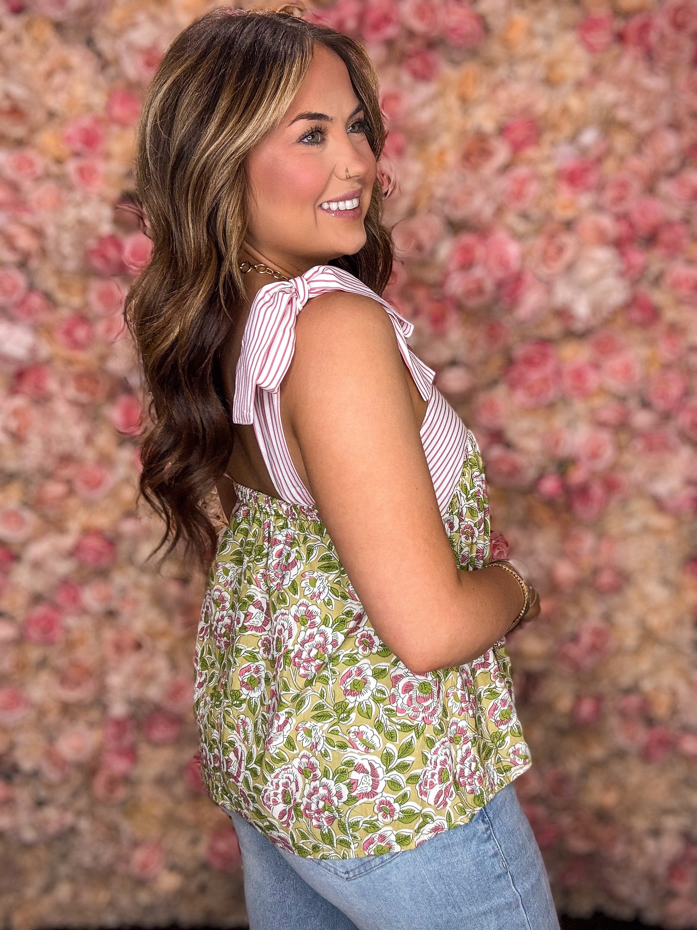 Pink Stripe & Floral Babydoll Tank