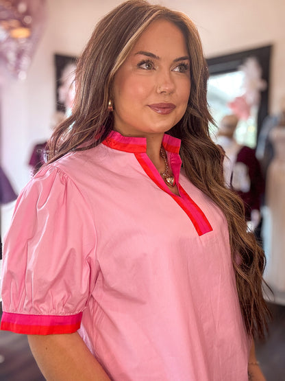 Pink Striped V Neck Puff Sleeve Blouse