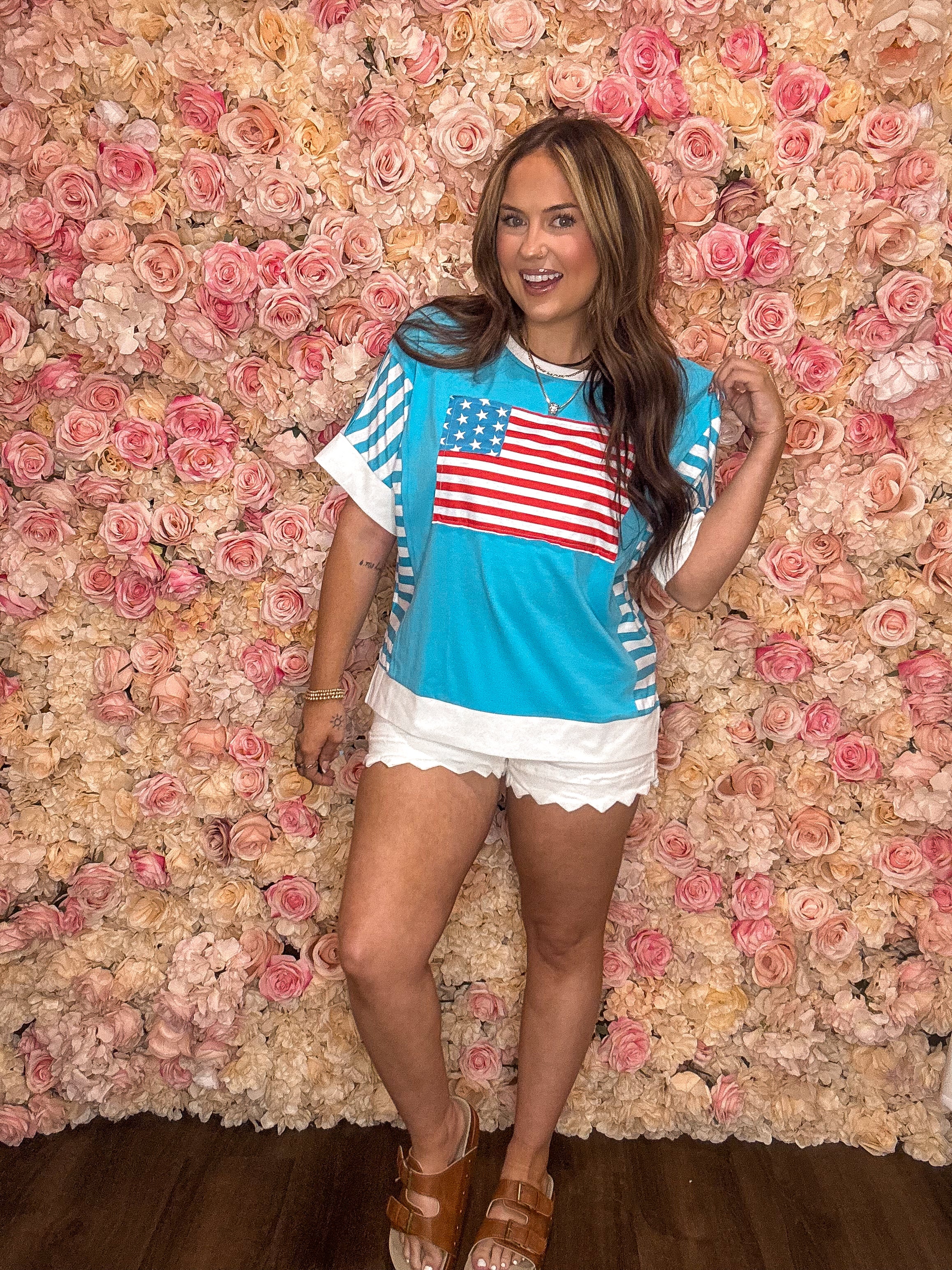 Light Blue American Flag Patchwork Tee