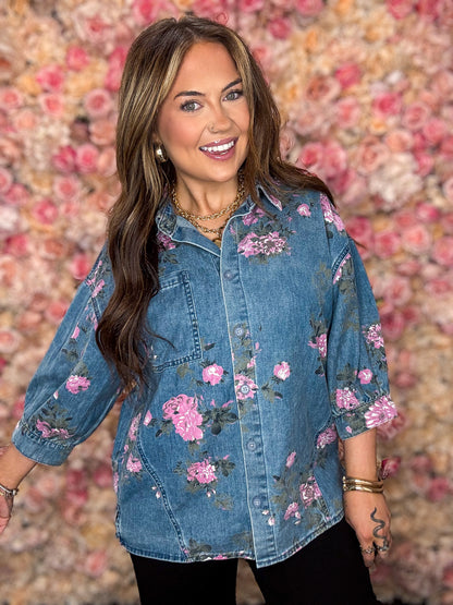 Floral Denim Button-Up Blouse