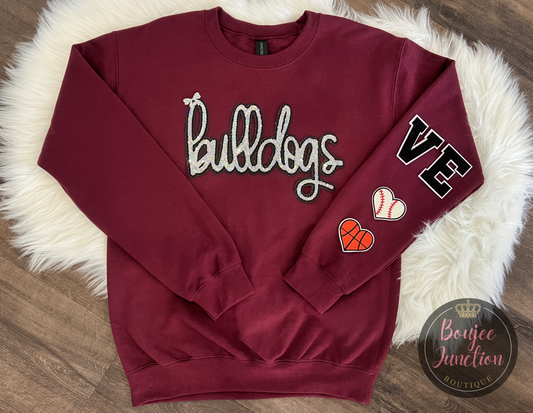 Sequin Bulldog Crew Neck Sweatshirt with Sports Patches