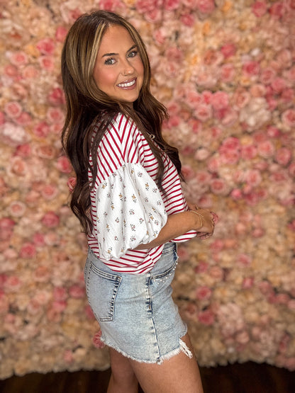 Red Stripe Floral Puff Sleeve Top