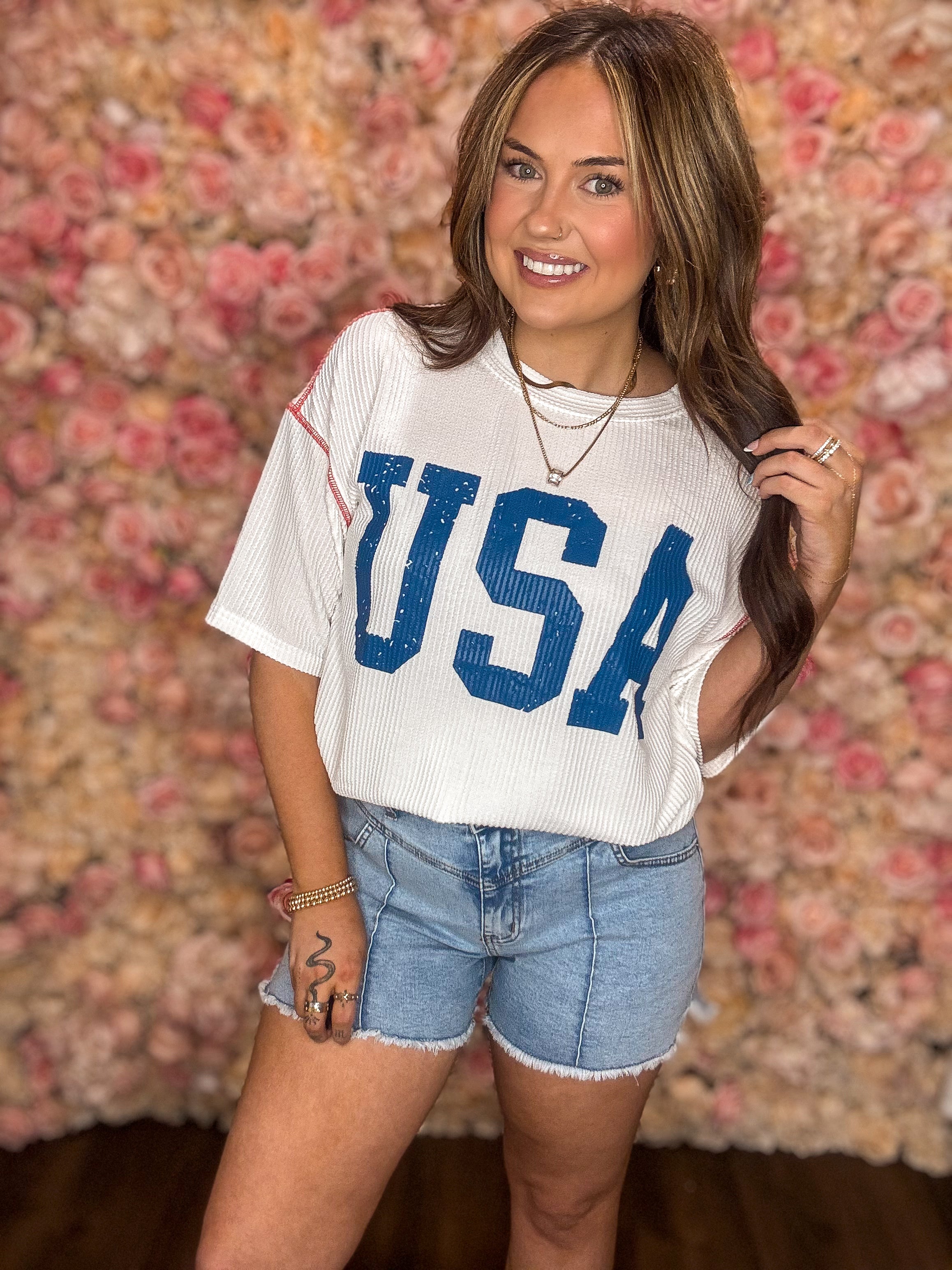 White USA Oversized Ribbed Tee