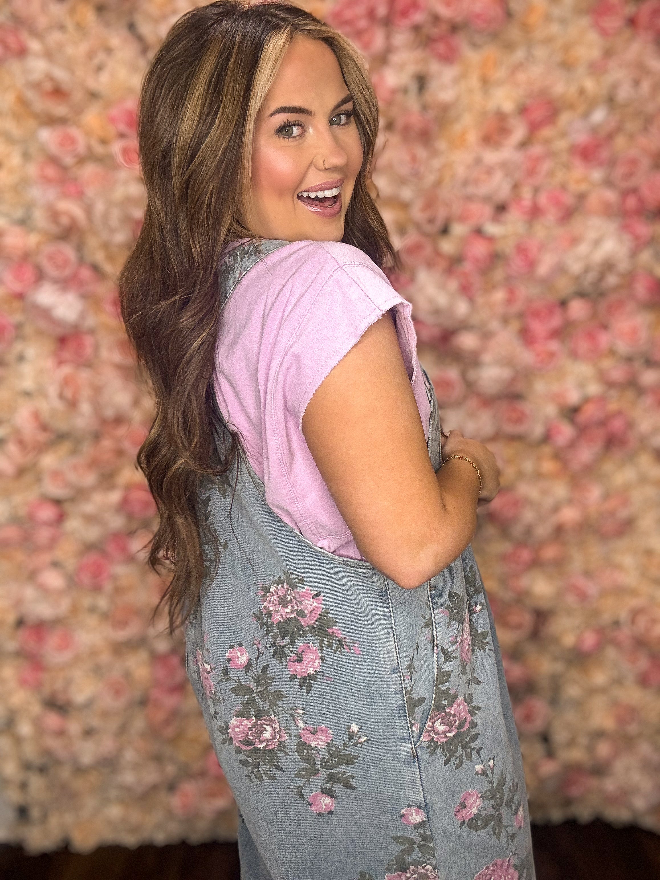 Beau Blue Floral Print Wide Leg Denim Overalls