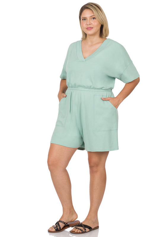 Drop Shoulder V-Neck Romper with Pockets