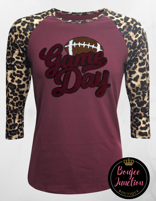 Maroon & Cheetah Raglan w/ Football Game Day Patch