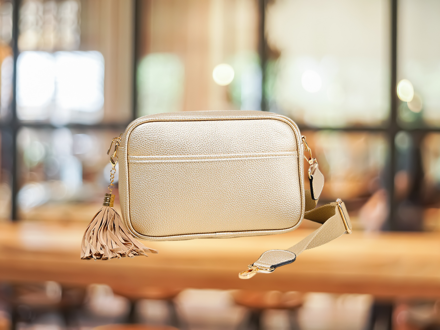 Pebble Leather Crossbody Gold with Custom Strap & Foxtail