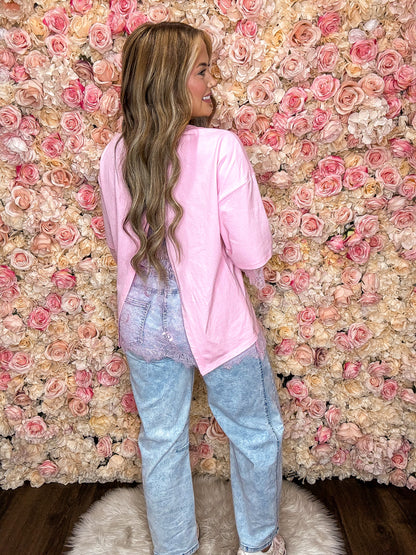 Candy Pink Lace Oversized Tee