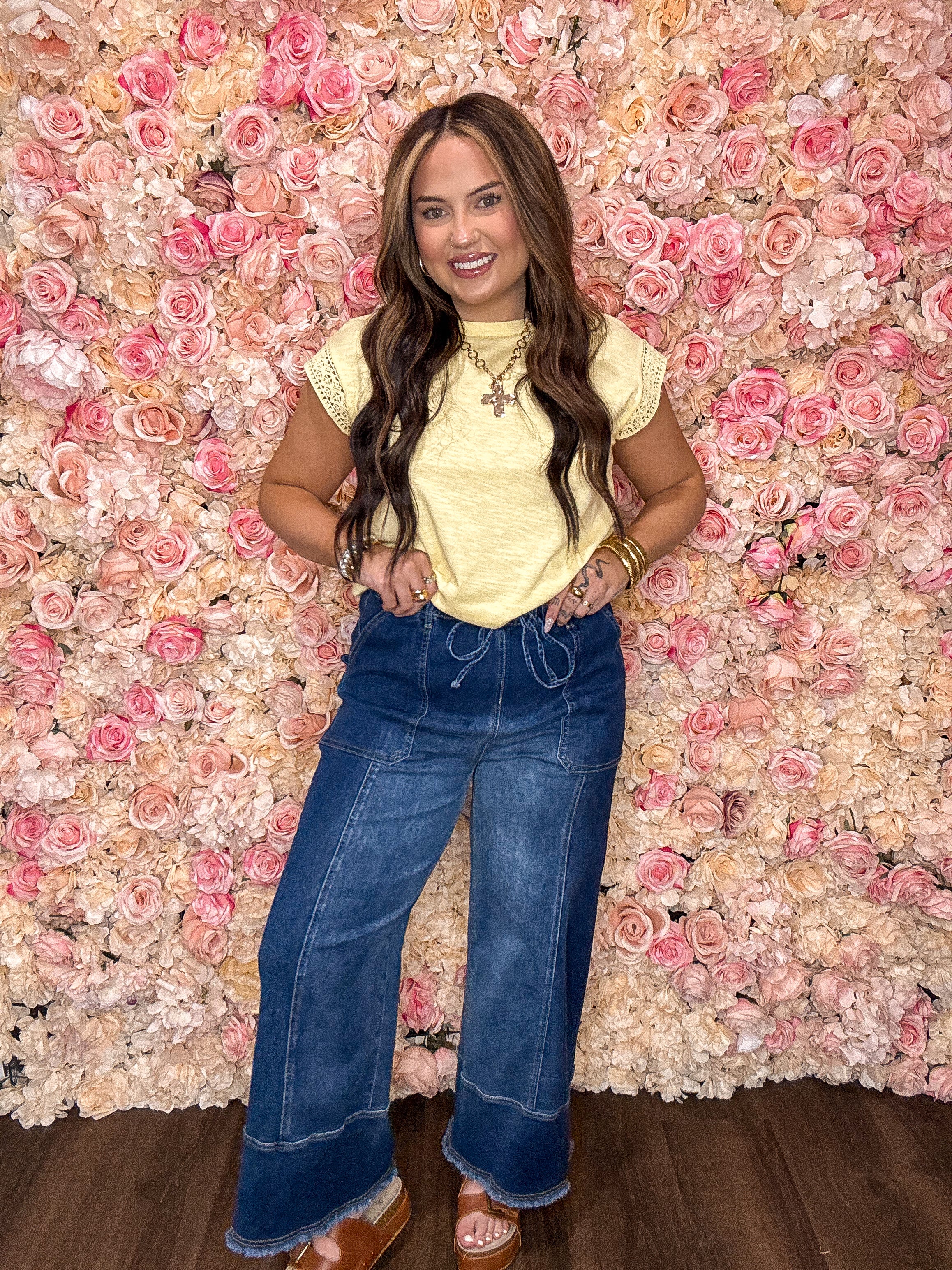 Deep Blue Drawstring Wide Leg Jeans