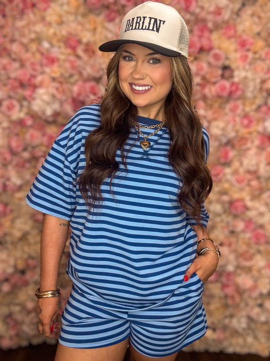 Two Tone Blue Striped Top and Short Set
