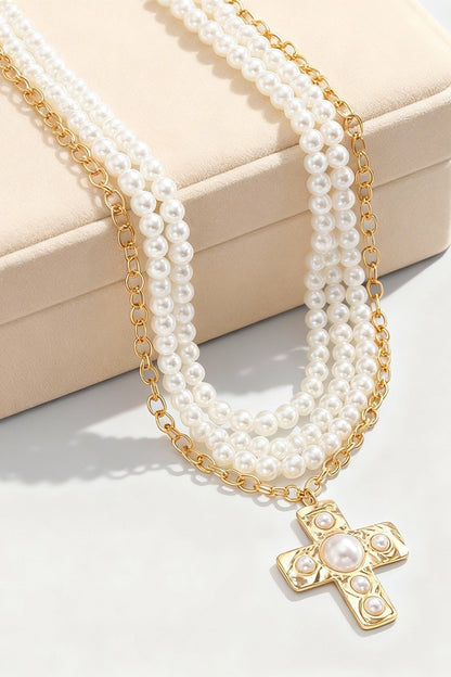 Hammered Cross Layered Pearl Necklace