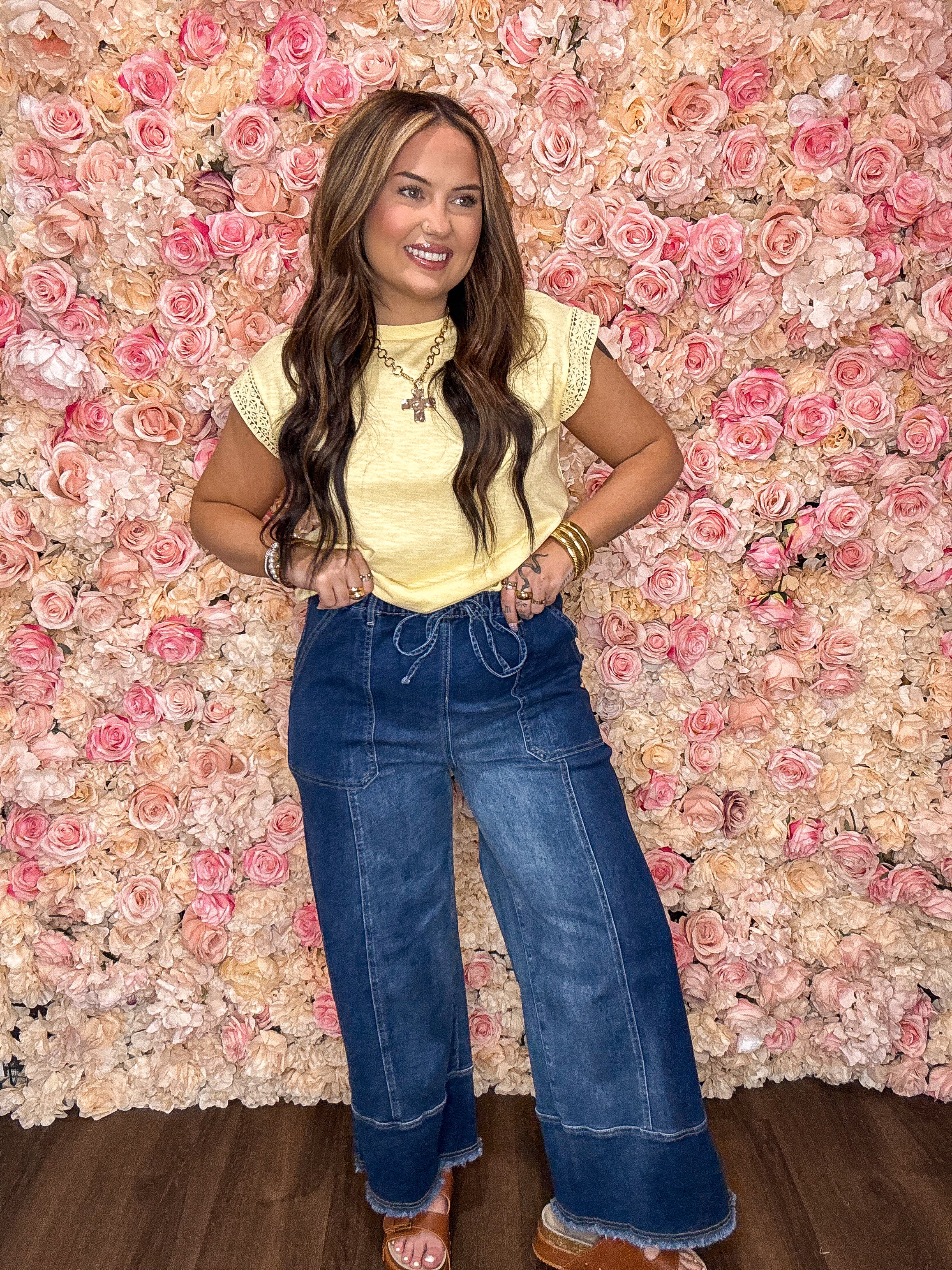 Deep Blue Drawstring Wide Leg Jeans