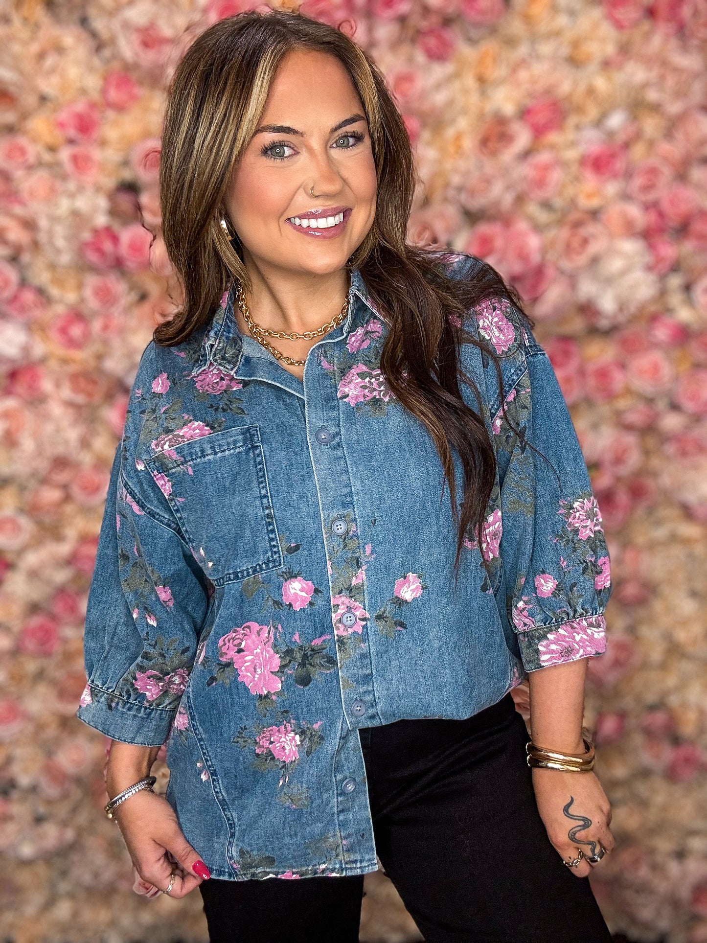 Floral Denim Button-Up Blouse
