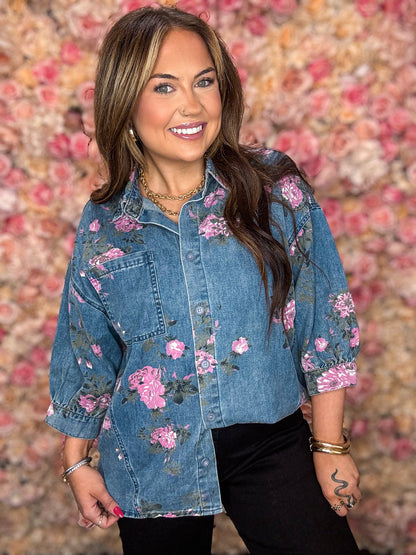 Floral Denim Button-Up Blouse
