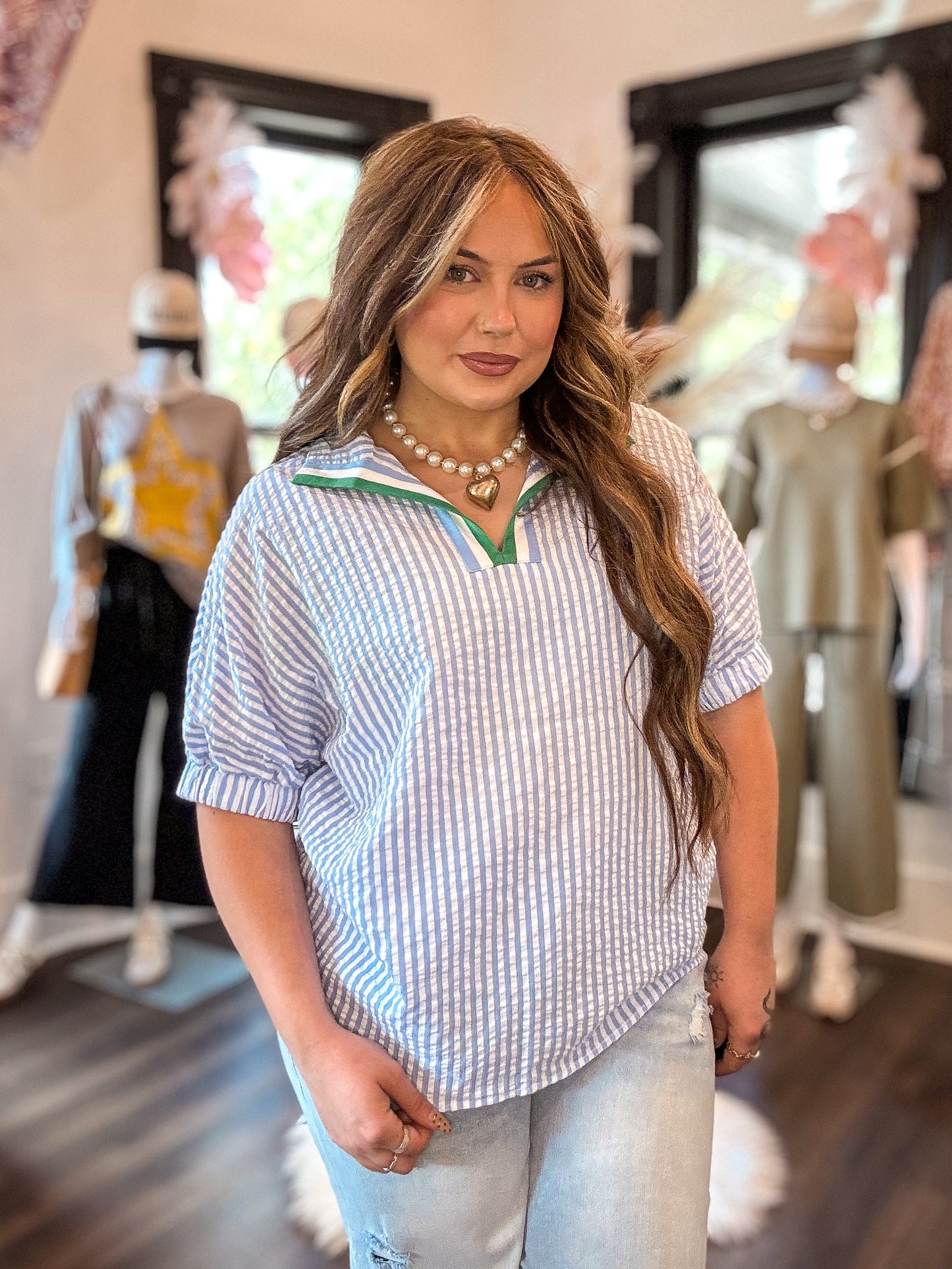 Sky Blue Striped Dolman Sleeve Blouse