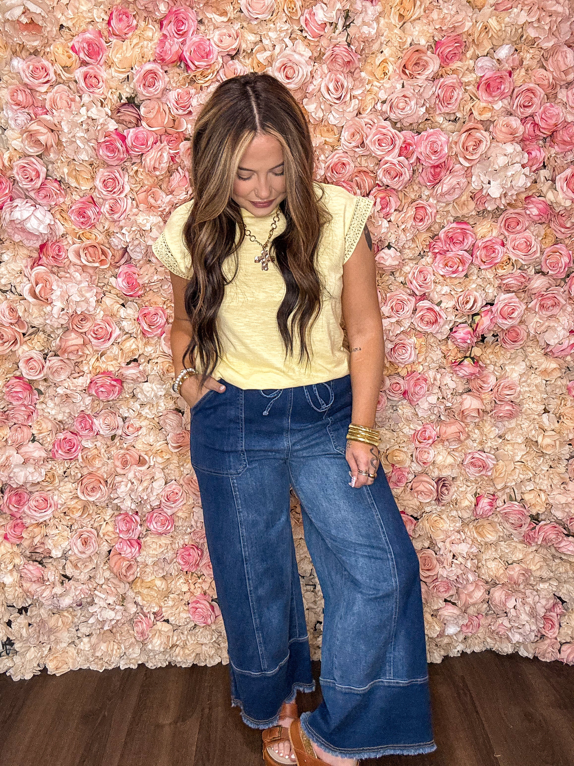 Deep Blue Drawstring Wide Leg Jeans