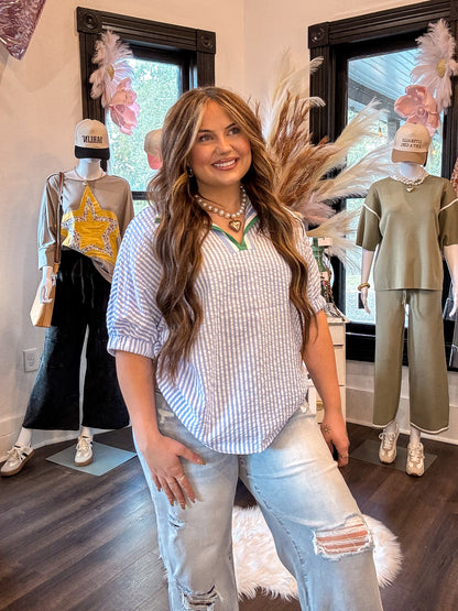 Sky Blue Striped Dolman Sleeve Blouse