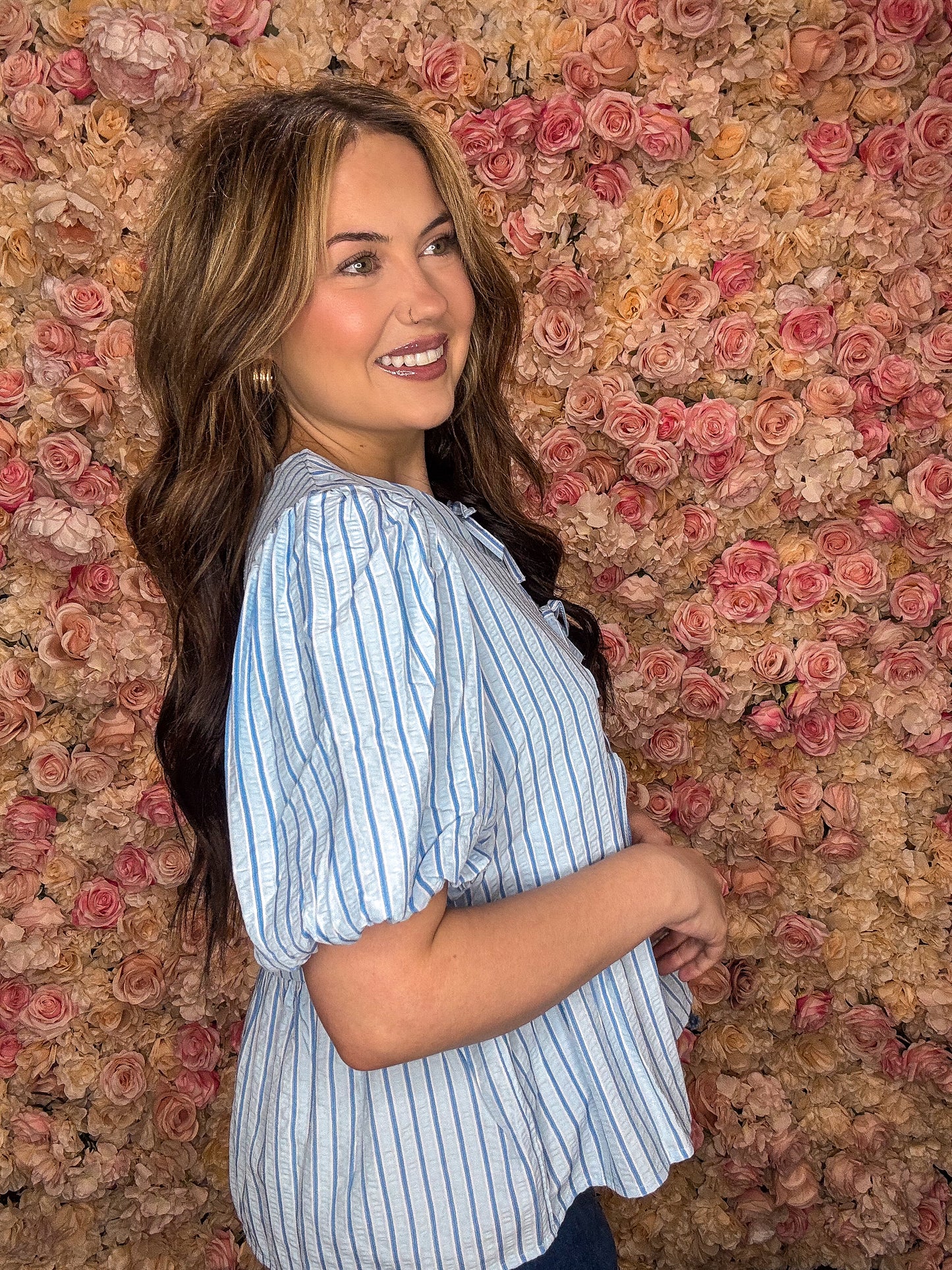 Sky Blue Stripe Puff Sleeve Babydoll Blouse