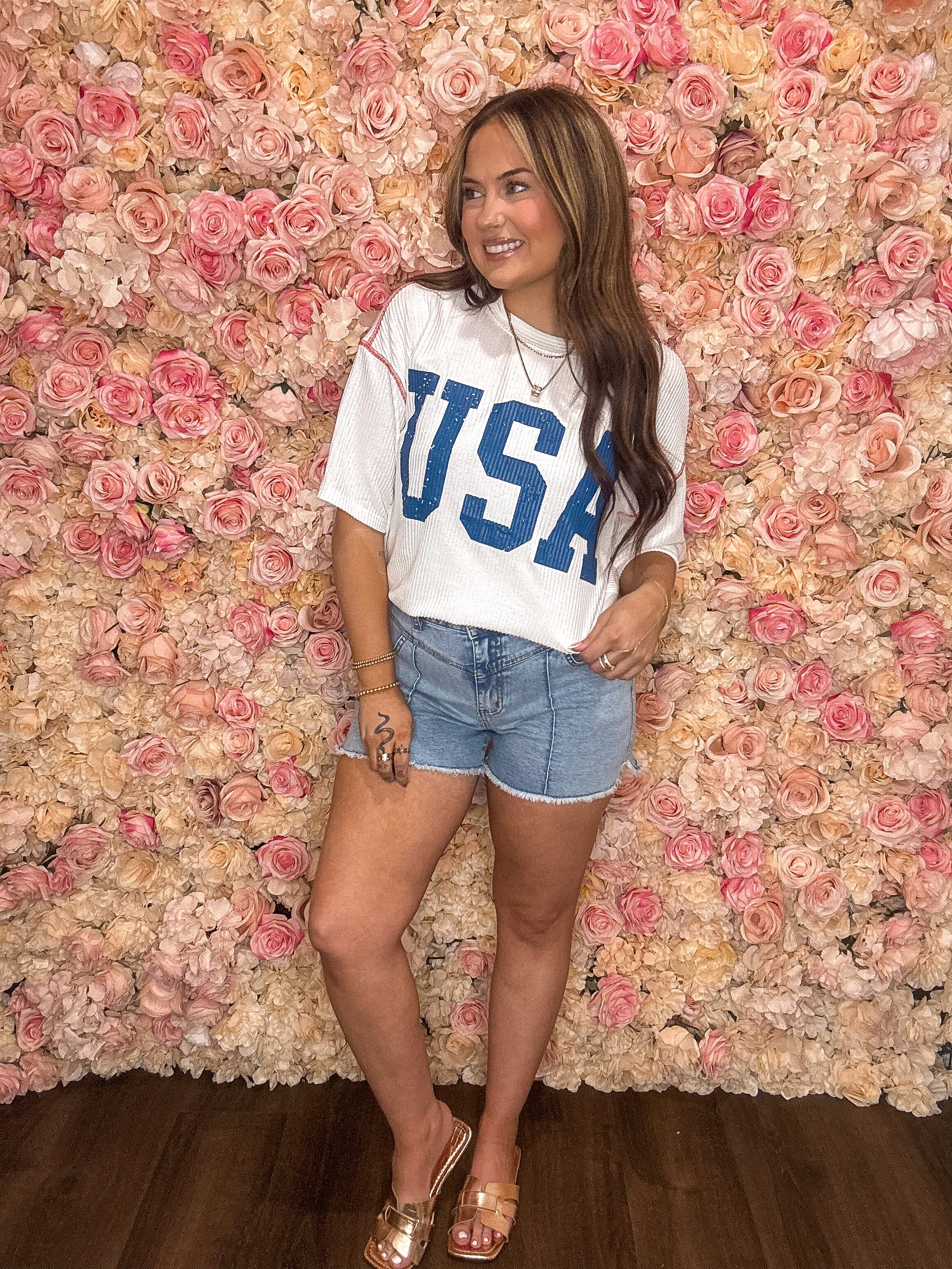 White USA Oversized Ribbed Tee