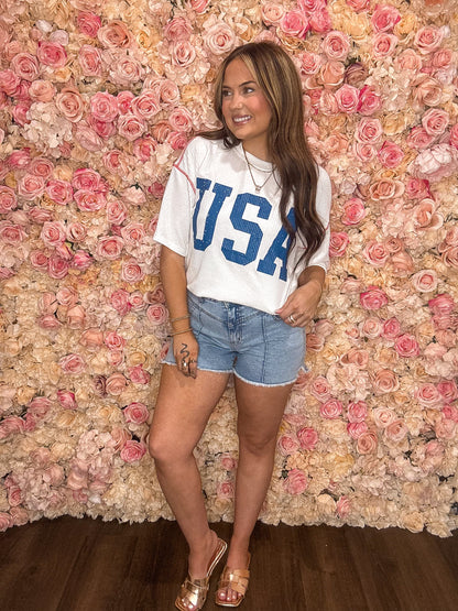 White USA Oversized Ribbed Tee