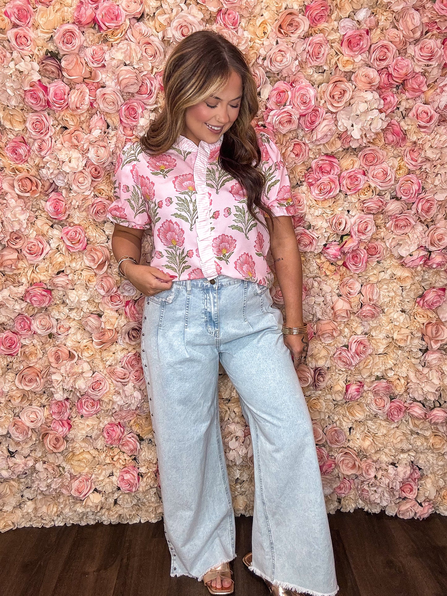 Pink Blooms Puff Sleeve Blouse