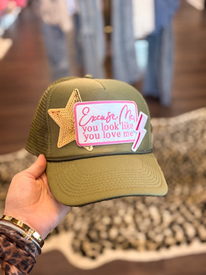 You Look Like You Love Me Olive Green Trucker Hat
