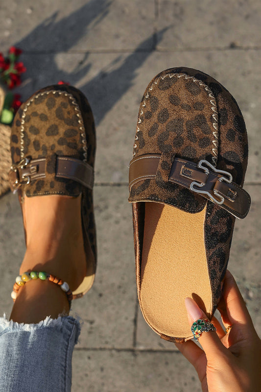 Leopard Suede Buckle Strap Mules
