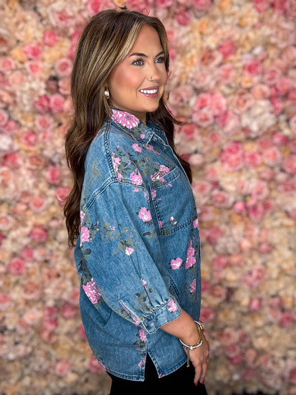 Floral Denim Button-Up Blouse