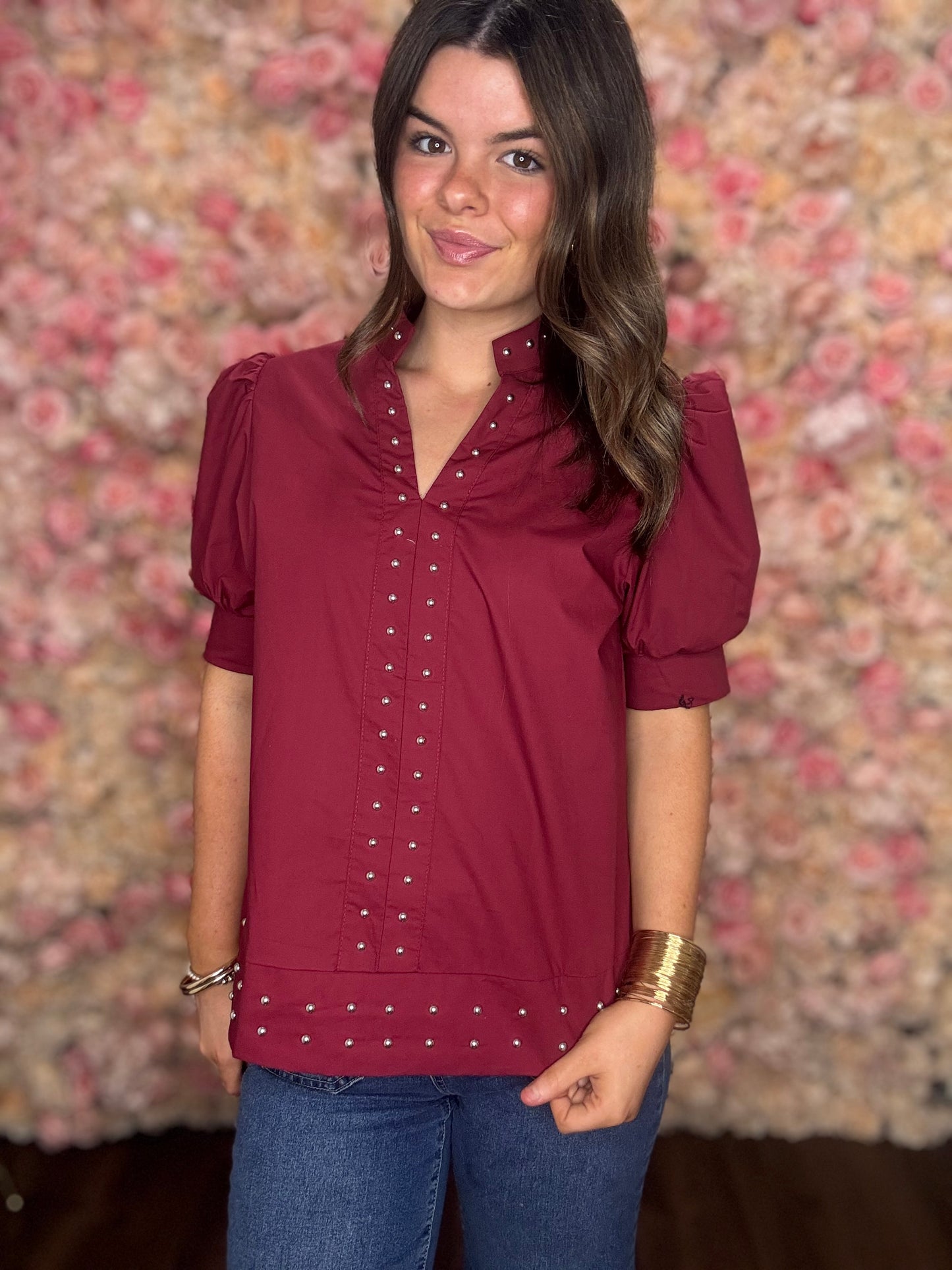 Burgundy Studded Puff Sleeve Blouse