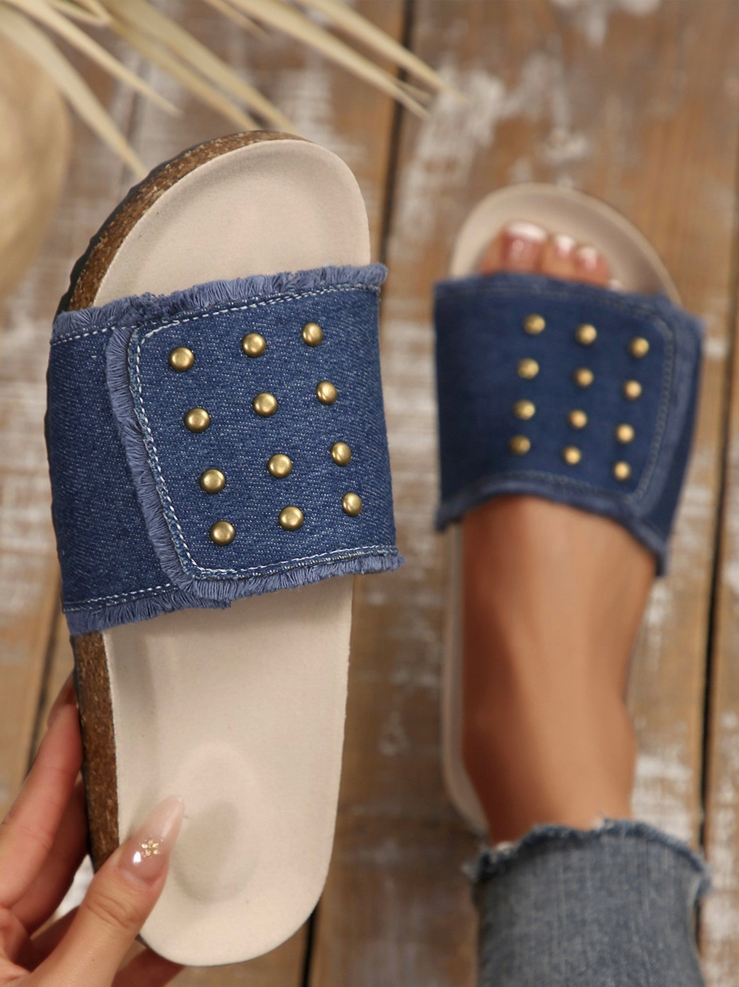 Frayed Denim Studded Sandals