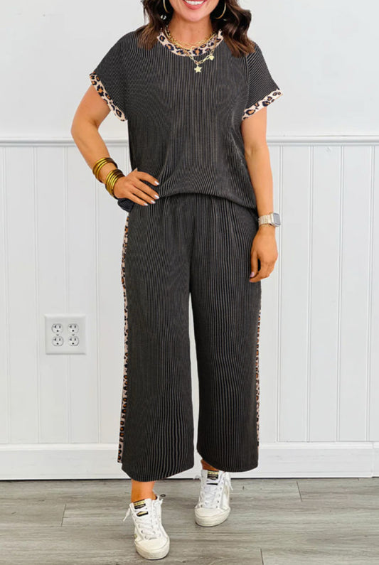 Carbon Grey Leopard Patchwork Top and Cropped Pants Set