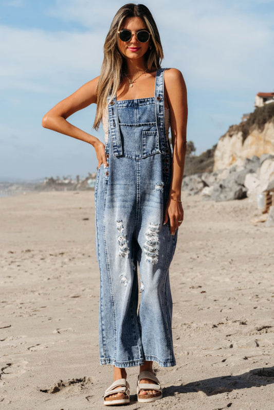 Stone Blue Distressed Wide Leg Denim Overalls