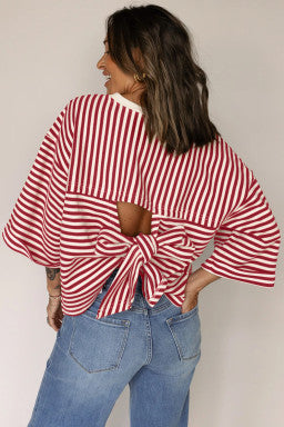 Red Stripe Bowknot Cutout Back Drop Shoulder Wide Sleeve Loose Tee