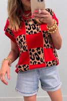 Red Leopard Checkerboard Sweater Top