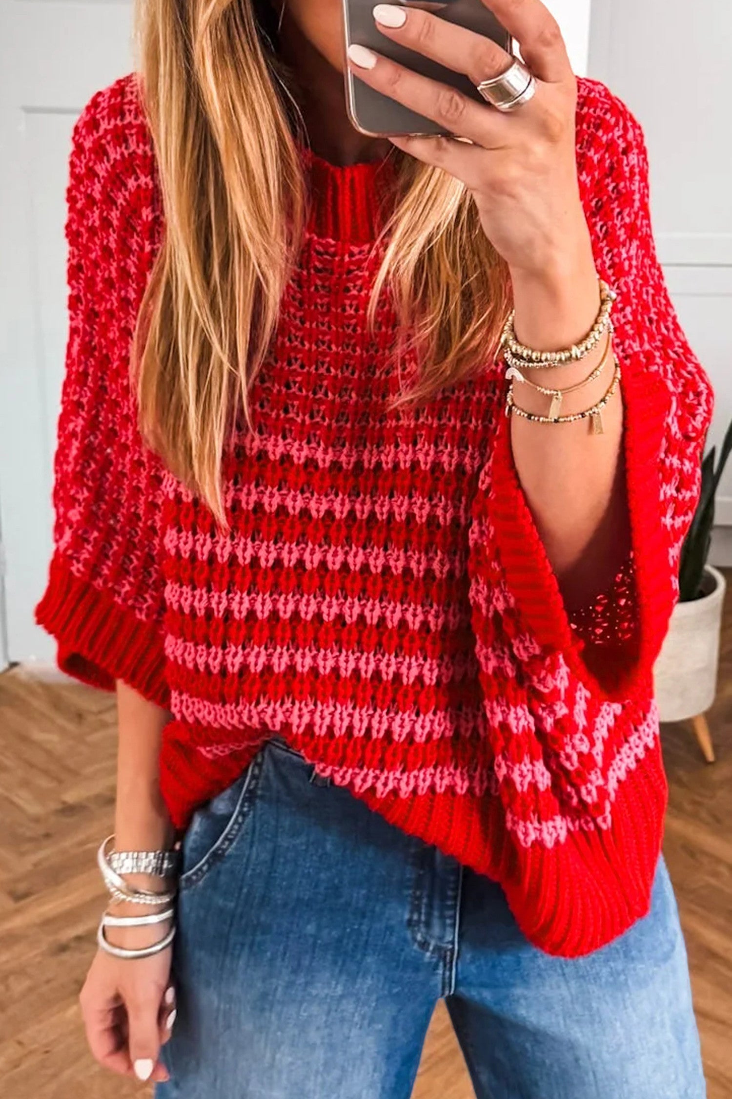 Red Stripe Draped Sleeve Sweater Top