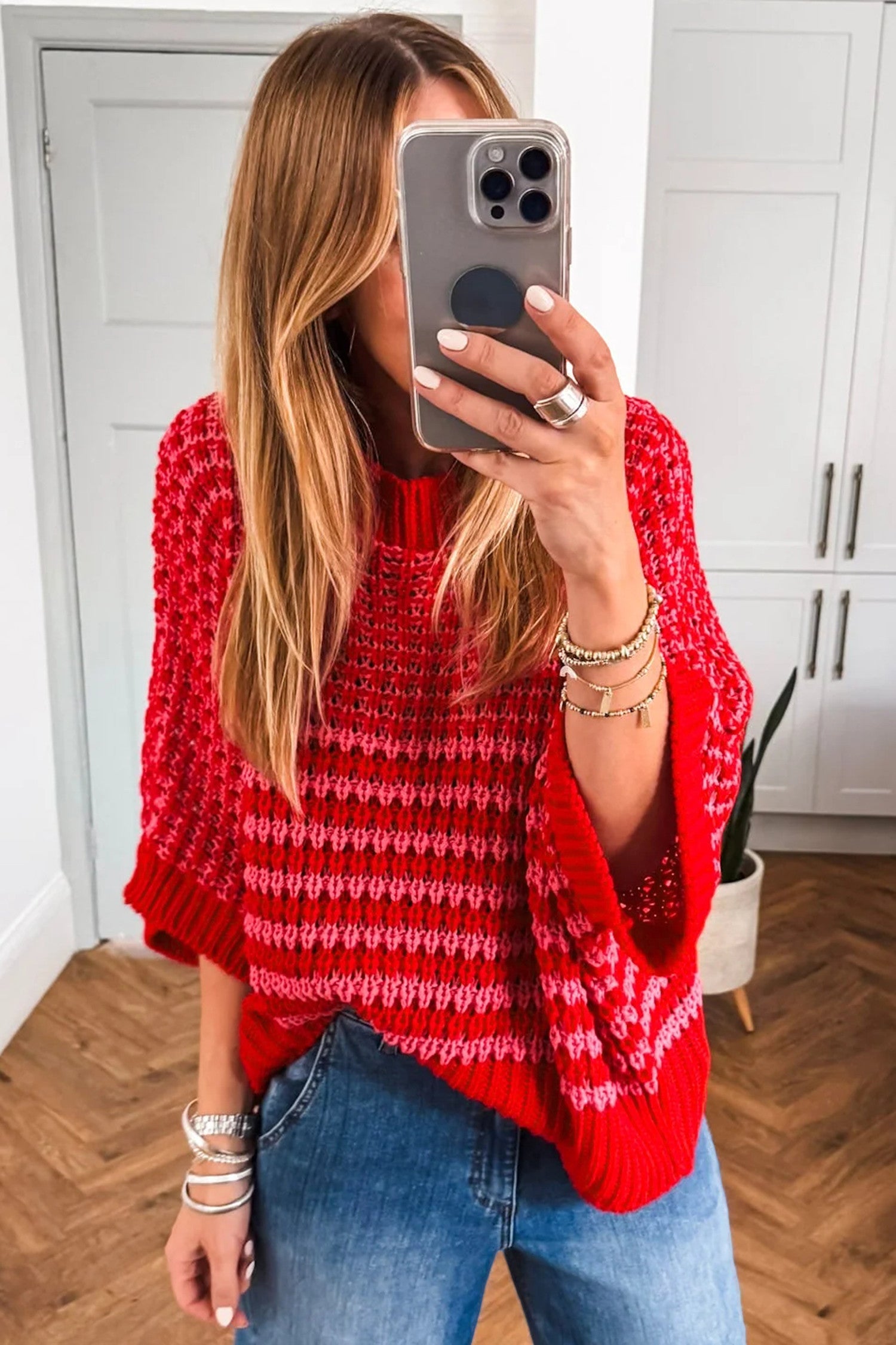 Red Stripe Draped Sleeve Sweater Top