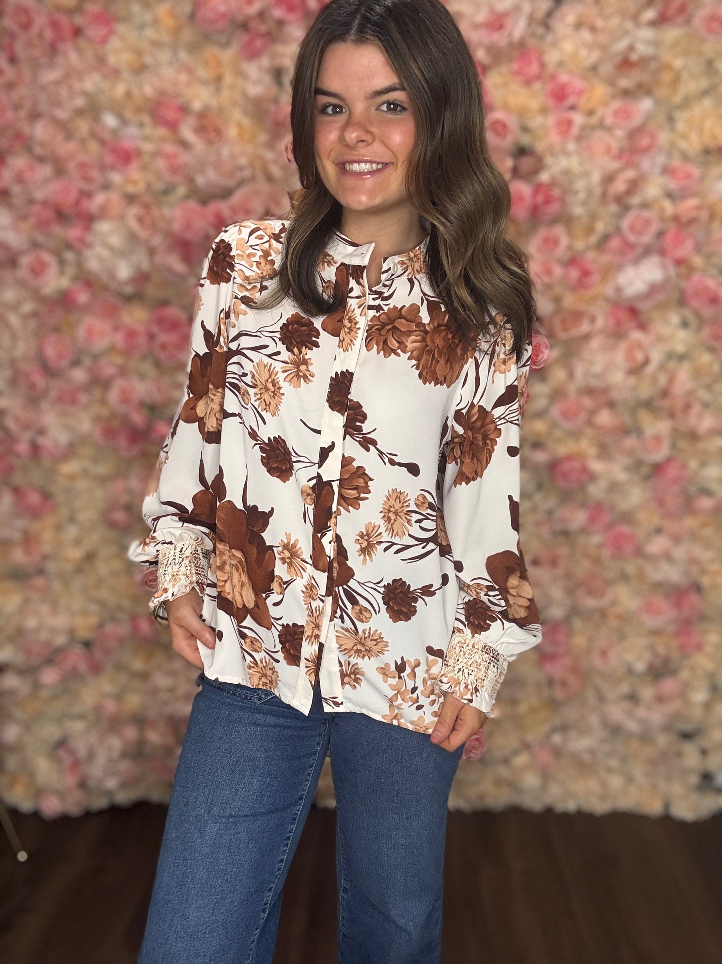 Brown Floral Poet Sleeve Blouse