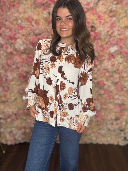 Brown Floral Poet Sleeve Blouse