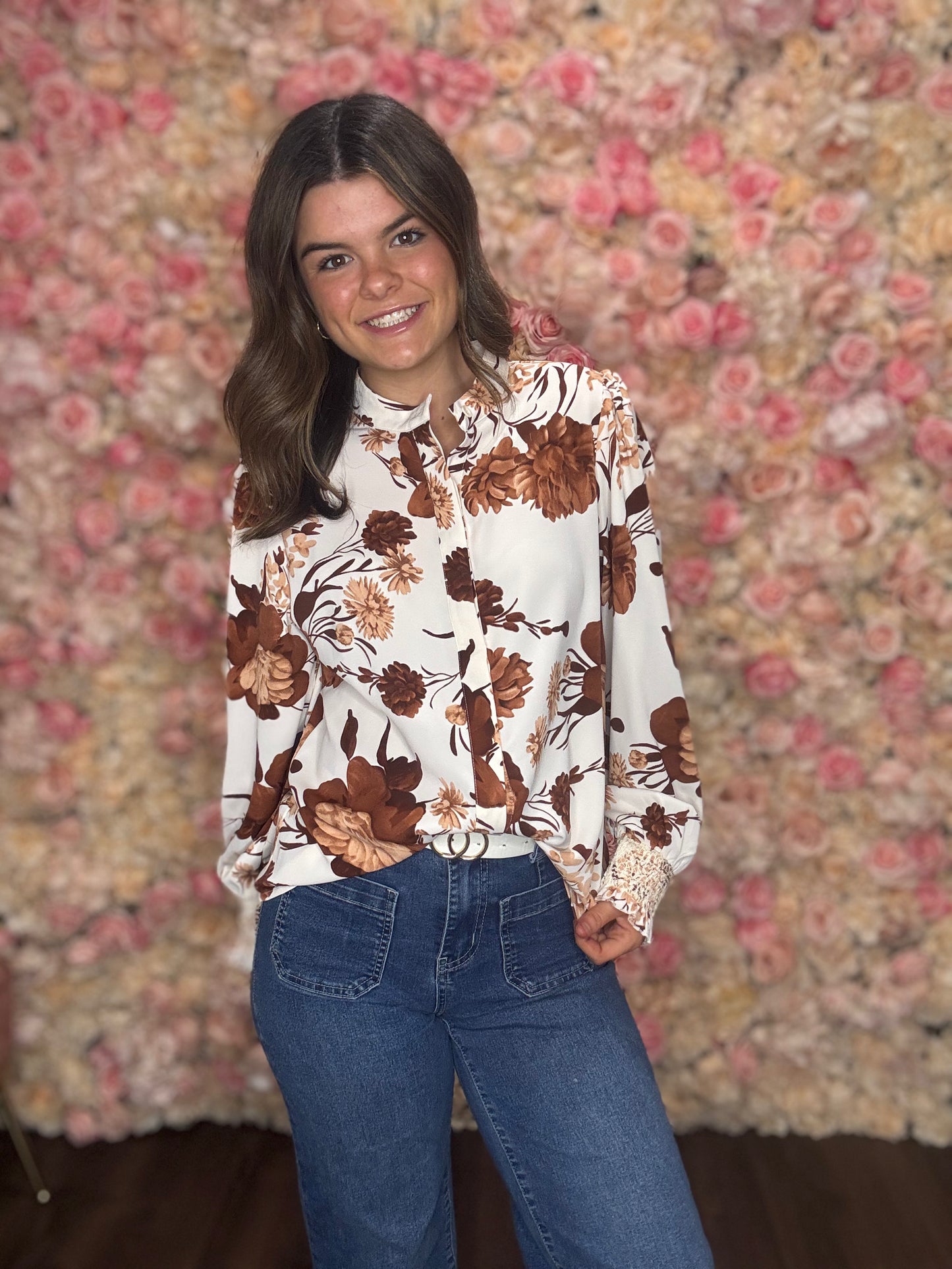 Brown Floral Poet Sleeve Blouse