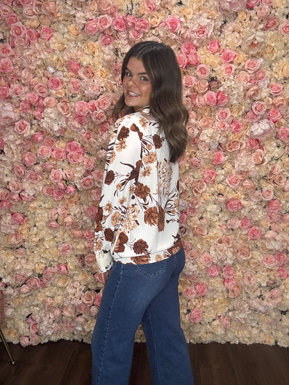 Brown Floral Poet Sleeve Blouse