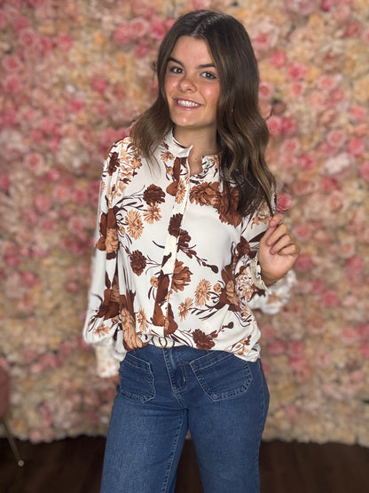 Brown Floral Poet Sleeve Blouse