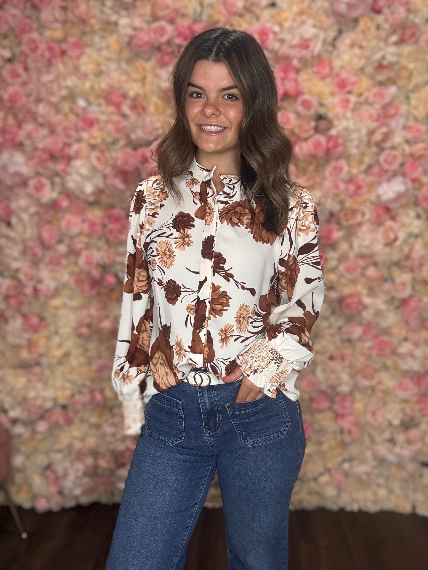 Brown Floral Poet Sleeve Blouse
