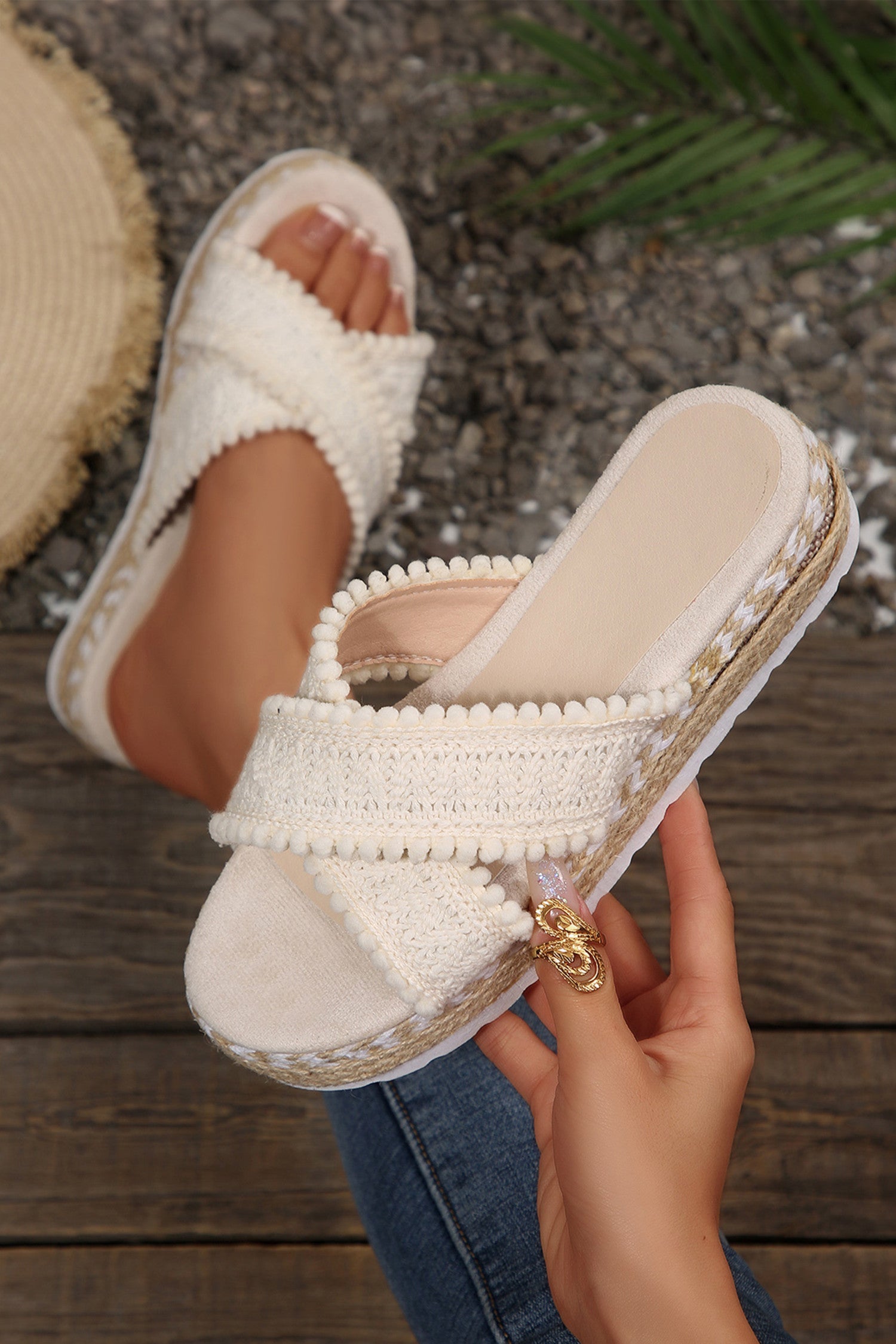Ivory Pompom Platform Sandals
