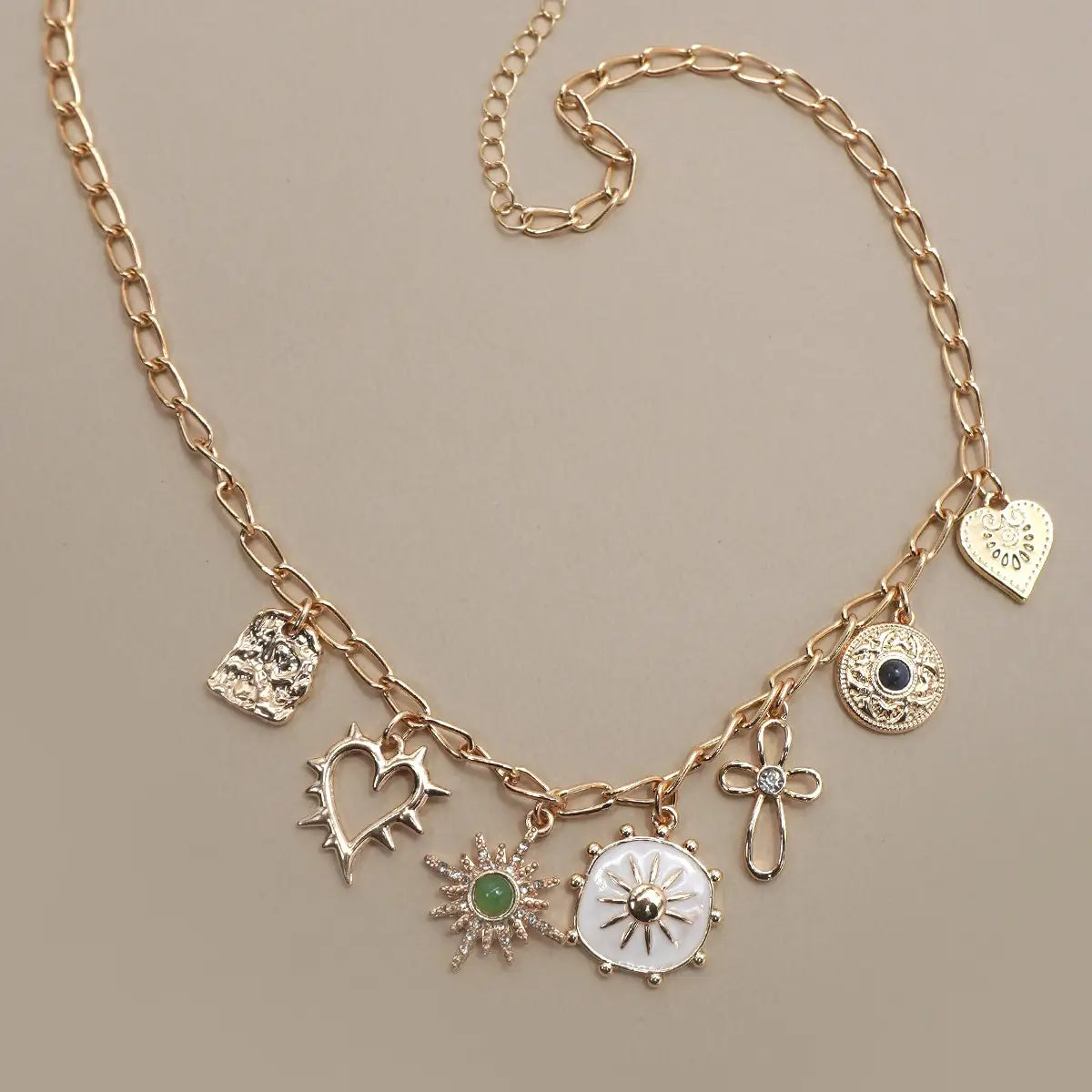 Charm Necklace-Heart Cross Sunburst Stone