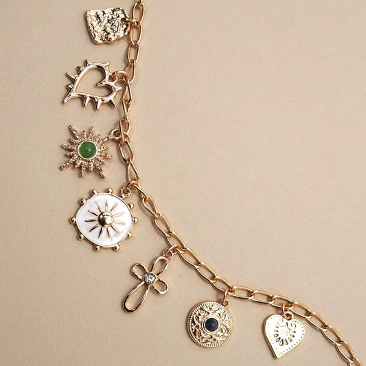 Charm Necklace-Heart Cross Sunburst Stone