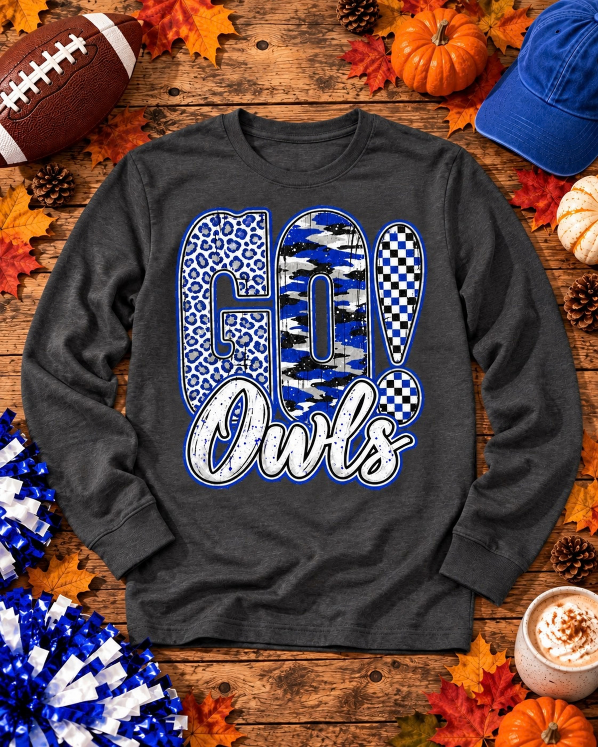Go Owls Mixed Print Long Sleeve Tee