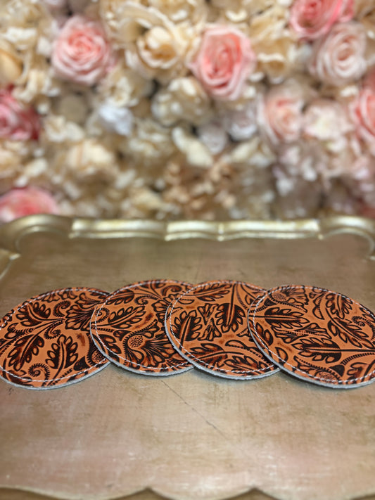 Amber Vine Tooled Leather Coasters