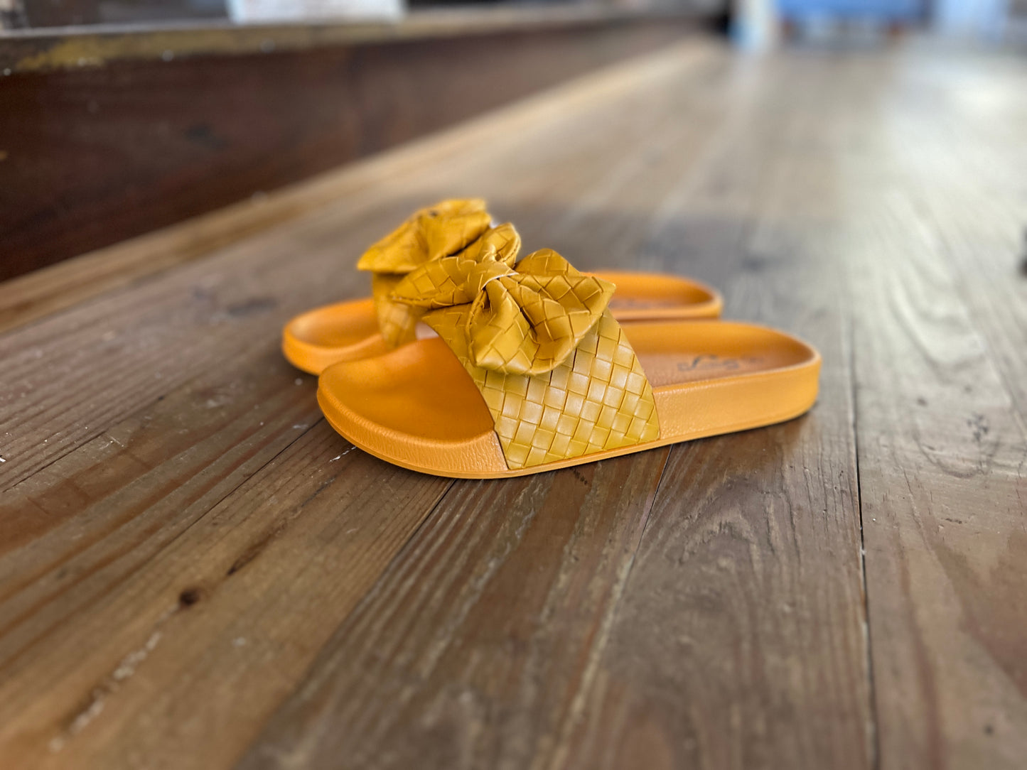 Woven Leather Sandal with Bow in Yellow