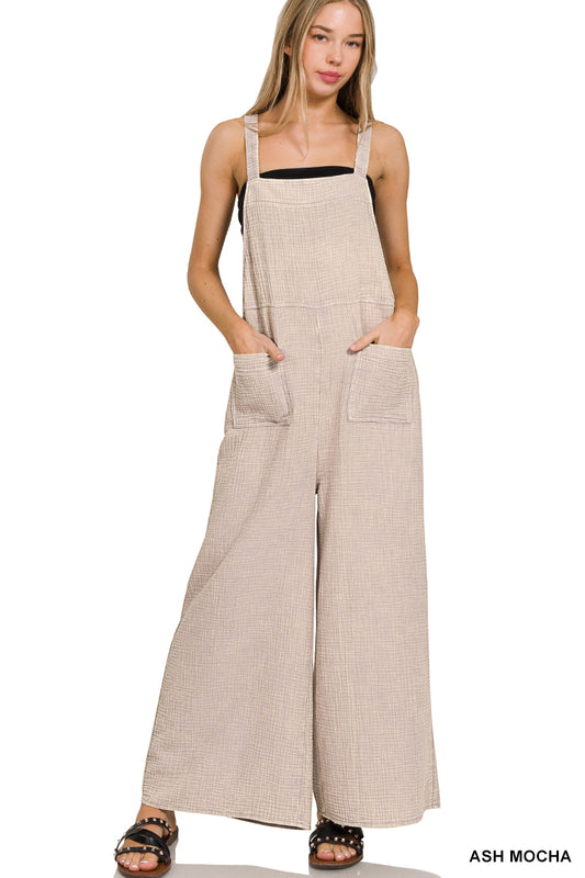 Beige Washed Wide Overalls