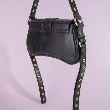 Studded Grommet Strap Buckle Flap Shoulder Bag